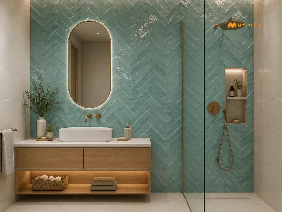 Glossy Subway Tiles in a Herringbone Feature Wall